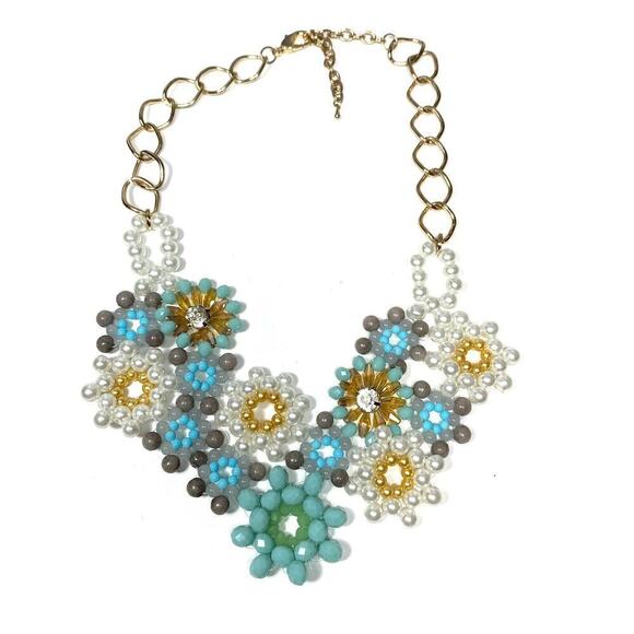 Necklace Blue White Statement Beaded Bib Gold Tone Chain 16”+3” - Picture 1 of 7